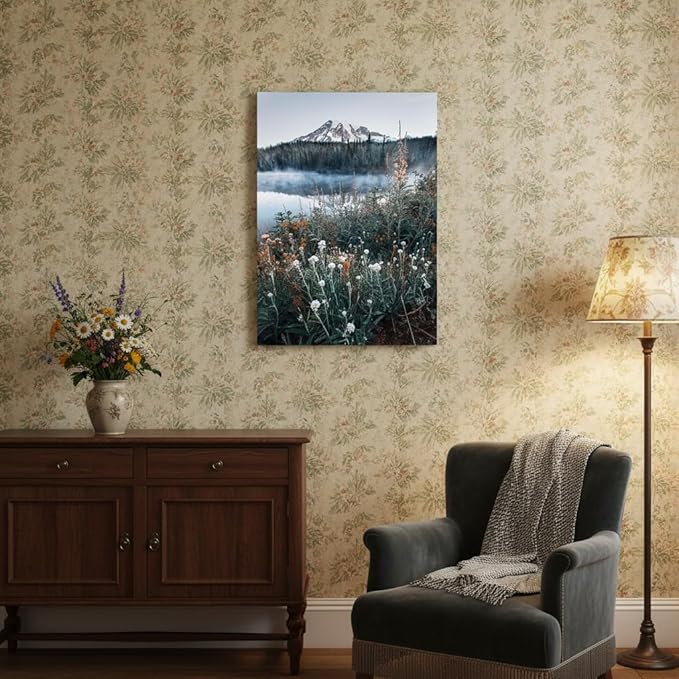 Nature Landscape Canvas Wall Art: Bedroom Home Lake Mountain Scene Picture Decor Modern Foggy Forest Scenic Print Painting Wildflower Natural Artwork for Living Room Office 24 x 36 Inch
