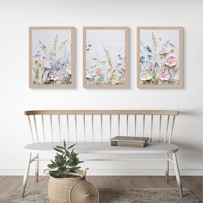 Framed 3D Texture Floral Canvas Wall Art Relief Textured Floral Oil Painting