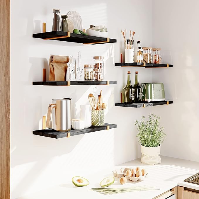Fixwal Floating Black Gold Shelves Set of 5, Width 4.7 Inches, Rustic Wood Wall