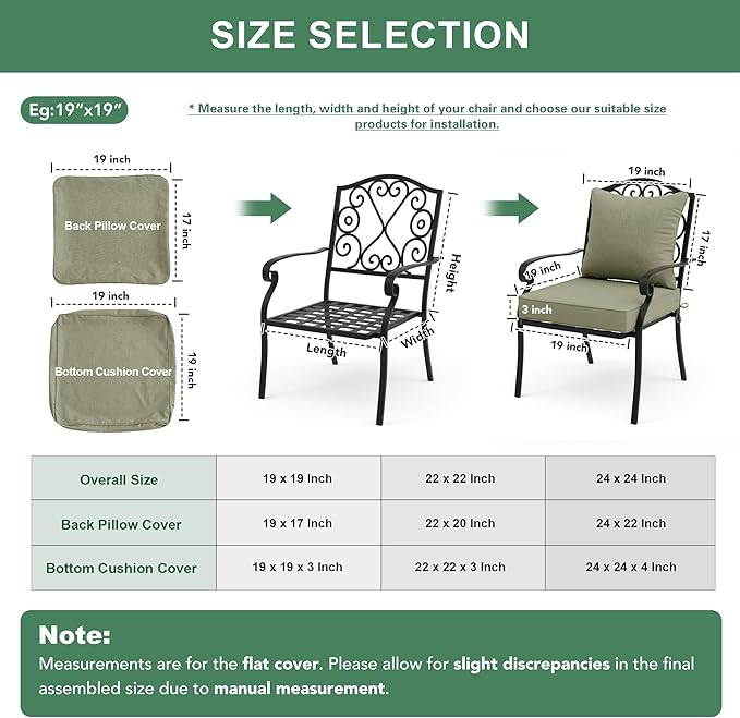 Summsun Water Resistant Outdoor Chair Cushions, Faux Linen Backrest and Seat Cushion Set with Ties, Removable Cover, Non-Slip Bottom for Patio Furniture, 19 x 19 Inch, Mocca Green, Set of 4