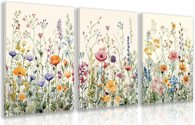 LLEEMPI Framed Watercolor Floral Wall Art Set of 3, Colorful Wildflower Wall