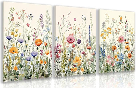 LLEEMPI Framed Watercolor Floral Wall Art Set of 3, Colorful Wildflower Wall