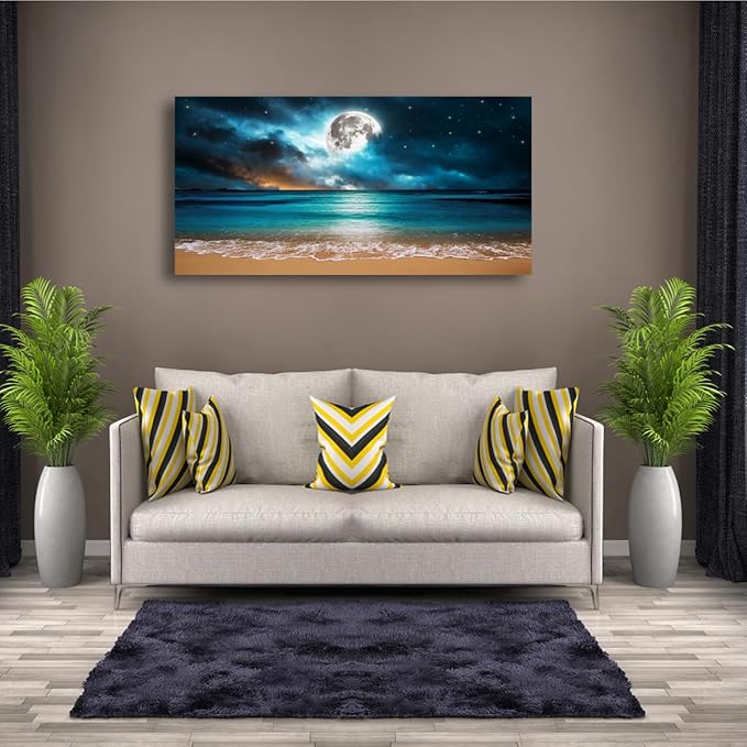Beach Themed Wall Art Canvas Prints Seascape Picture Bathroom Décor Moon Ocean Landscape Paintings for Bedroom Dining Room Office Home Kitchen Decoration Natural Artwork 28x57 Wooden Frames