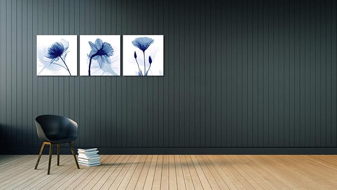 Wieco Art Blue Flowers 3 Panels Canvas Print Wall Art Modern Pictures Artwork