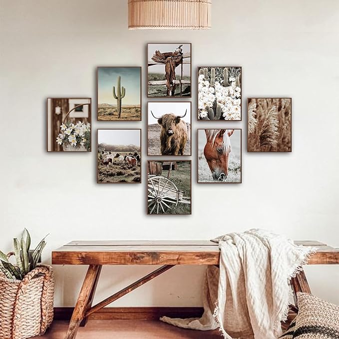 tgguytiy 9 Pcs Western Vintage Farmhouse Poster Canvas Wall Art Highland cattle