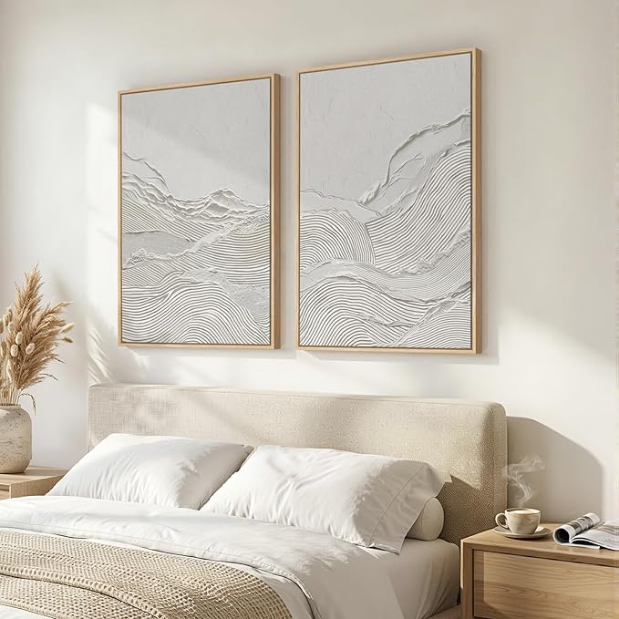 Large Framed White Abstract Wall Art Set of 2