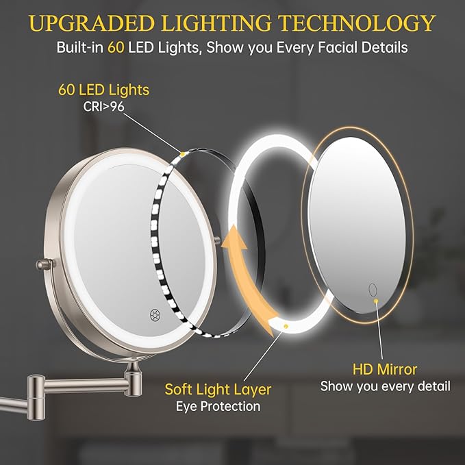 FUNTOUCH 3X/20X Wall Mounted Lighted Makeup Mirror, 5000mAh Rechargeable Double