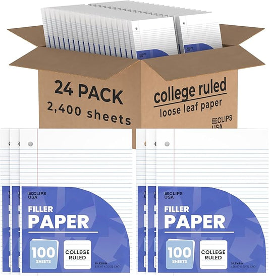 Loose Leaf Paper College Ruled Notebook Paper College Ruled Lined Writing Filler Paper 10.5” x 8” 2400 Sheets 100 Sheets Per Pack 60 gsm (24 Pack)