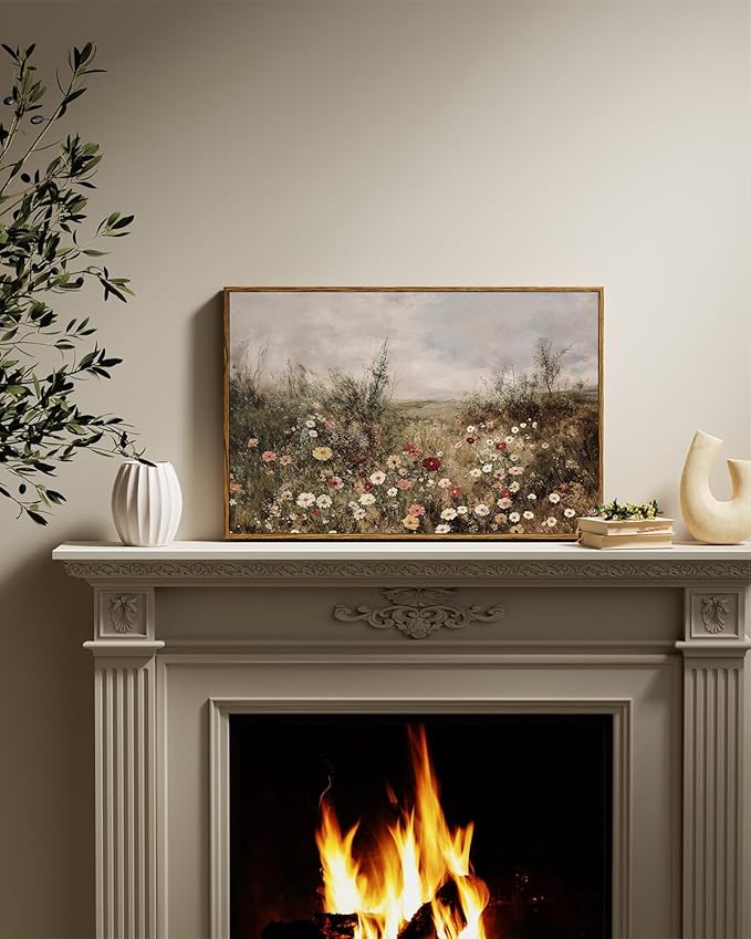 InSimSea Framed Canvas Prints Art Vintage Decor, Classical Wildflower Field Meadow Flowers Painting, Rustic Landscape Large Wall Art for Living Room Bedroom Home Bathroom Wall Decor, 16x24inch