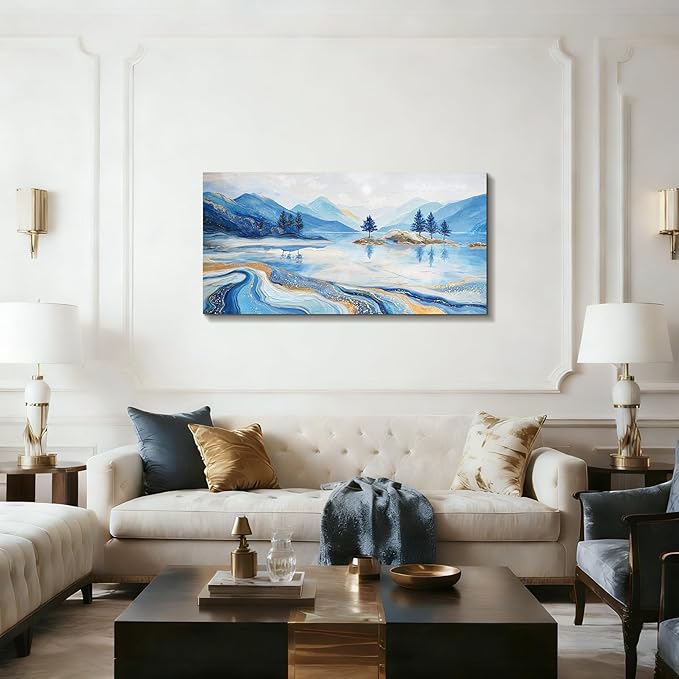 SERIMINO Landscape Wall Art, Large Abstract Wall Art, Modern Art Wall Decor, Mountain Lake Canvas Prints, Blue and Gold Pictures for Living Room Bedroom Office Hallway House Decorations 24"x48"