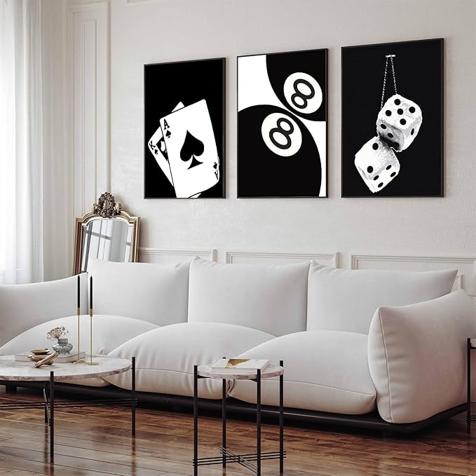 3Pcs Black and White Poker Dice Canvas Wall Art Lucky You Poster Prints Trendy