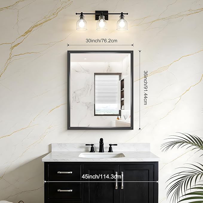 Black Bathroom Mirror, 36 x 30 Inch Brushed Black Rectangle Mirrors