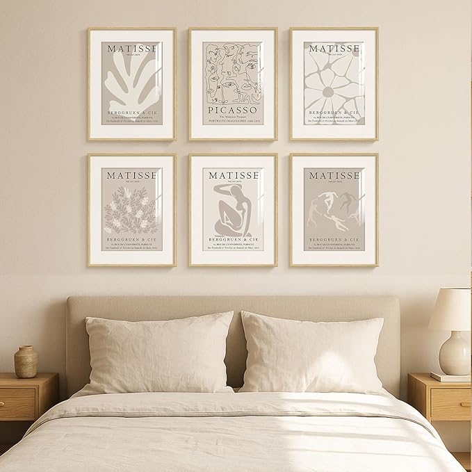 Framed Neutral Abstract Wall Art, 6 Piece Modern Matisse Prints Artwork