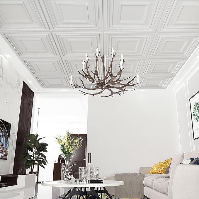 Art3d 48 Pack PVC Ceiling Tiles 24x24 Inches Waterproof Drop Ceiling Tiles/Wall