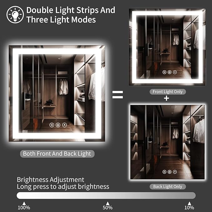 Koonmi 36"x40" LED Mirror for Bathroom, 90CRI Anti-Fog Vanity Mirror