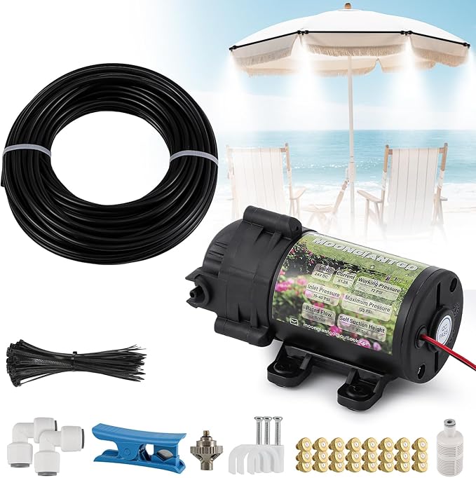 Moongiantgo Outdoor Misting Cooling System with Pump Kit-82ft Misting System pipe+24 Brass Mist Nozzles 0.02ââ+Cluster Body+3/4ââ Adapter-Mister for Outside Patio Backyard Garden Greenhouse Trampoline