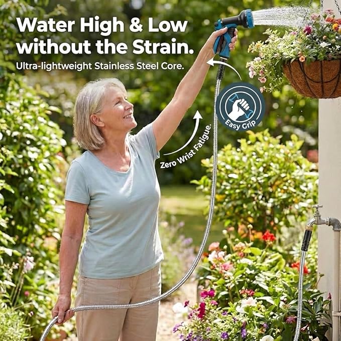 Garden Hose 100FT, Water Hose with 10 Function Nozzle, Garden Hose Metal with Leak-proof Connectors, No-Kink, Lightweight, Puncture-proof, Pet-proof, Sturdy, Hose for Outdoor, Yard