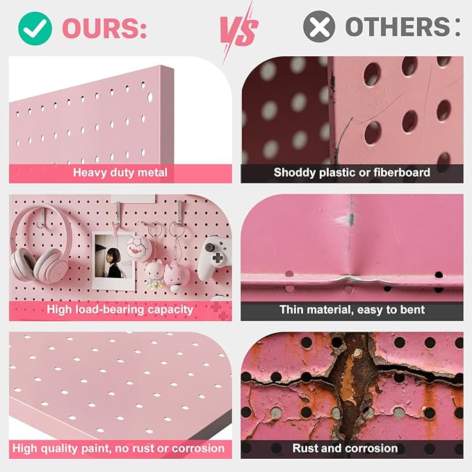 Peg Board, 3 Pack Metal Pegboard Panels Pink Pegboards Wall Organizer