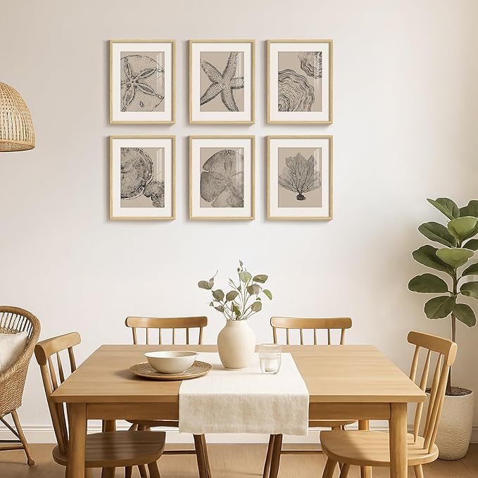 Framed Coastal Wall Art for Living Room, 6 Piece Neutral Black Beige Modern