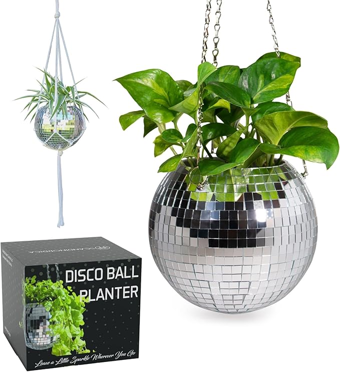 SCANDINORDICA Disco Ball Planter â Value Package: Disco Planter with Chain, Macrame Hanger and Acrylic Stand, Includes Self Watering Insert, Preppy Room Decor, Funky Decor | 8 inch Silver