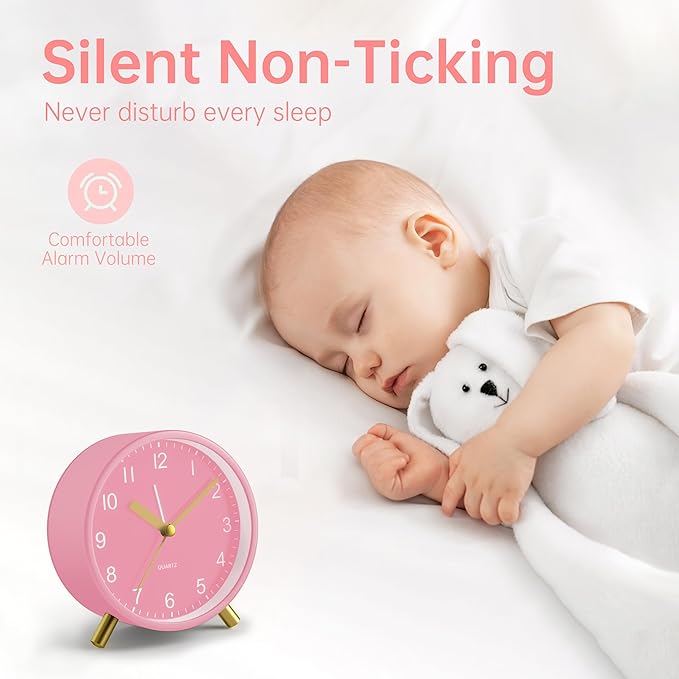 Analog Alarm Clock, 4 inch Super Silent Non Ticking Small Clock with Night Light, Battery Operated, Simple Design, easy setting for Office, Bedroom, Bedside, Desk, teens, elders, kids, adult, Pink