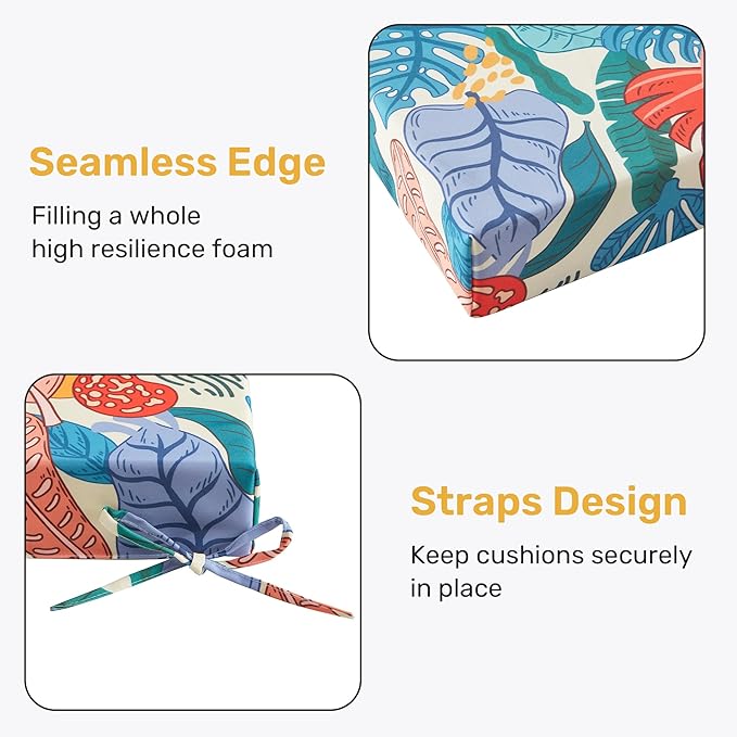 UNIKOME Outdoor Chair Cushions Pack of 4, Water Resistant Patio Cushions with Ties, High Density Sponge Filling Square Corner Seat Cushions for Outdoor Furniture, 24"*24"*4", Palm Tropical