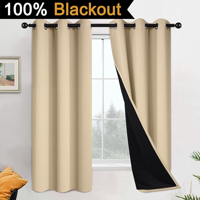 Yakamok Beige 100% Blackout Curtains, Thermal Insulated Total Blackout Drapes