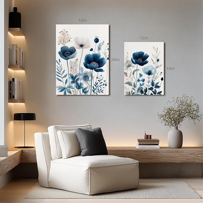 LLEEMPI Framed Navy Blue Floral Wall Art Set of 3, Modern Wildflower Wall Decor