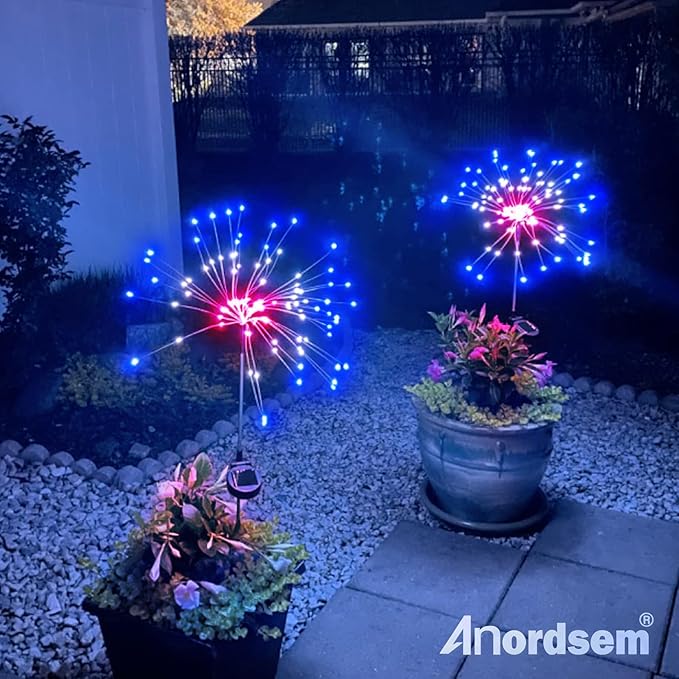Anordsem Solar Garden Lights Outdoor: Bendable Copper Wire with 120 LED Firework Beads - Waterproof 2 Red Lighting Modes for Yard Patio Path - Gardening Gifts for Homeowner Gardener