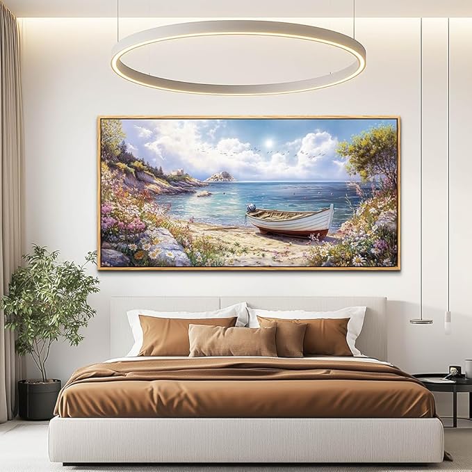 Wood Farmed Canvas Wall Art For Living Room Large Wall Decor For Office Bedroom Decorations The Sea Boat Landscape Pictures Farmhouse Painting Artwork Room Wall Mural Aesthetic Home Decor 30x60 In