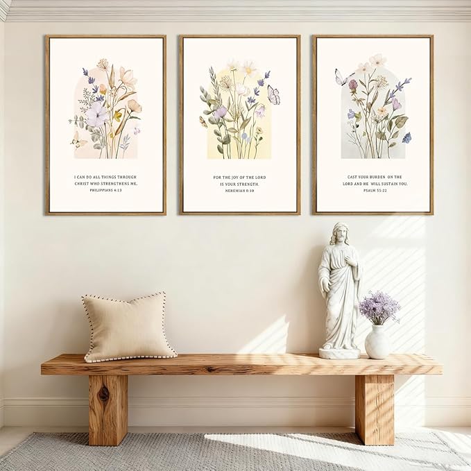 IARTTOP Extra Large Christian Easter Wall Art Framed 24x36 Inch Floral Bible Verse Scripture Art Prints Minimalist Botanical Wildflower Religious Canvas Wall Decor for Living room Bedroom Set of 3