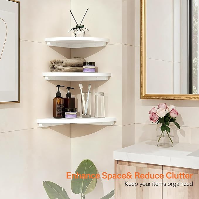 Gieanoo White Corner Wall Shelf 9inch Solid Oak Wood Floating Corner Shelf