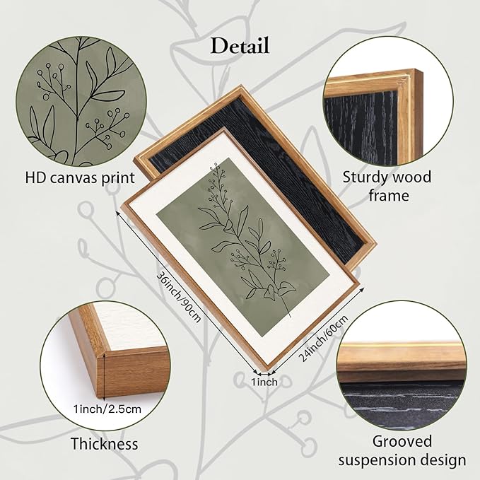 CHDITB Sage Green Botanical Framed Canvas Wall Art Set, Nature Line Art Wall Decor, Neutral Minimalist Floral Artwork, Boho Greenery Plant Flower Art Prints for Living Room, Bedroom, Office 24"x36"x3