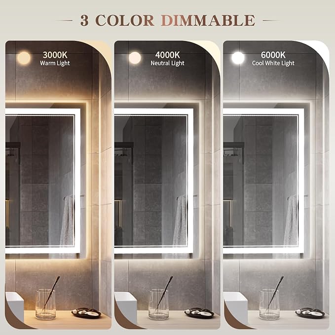EOGOW LED Bathroom Mirror with Lights, 3 Colors Bathroom Mirror, Wall Mounted