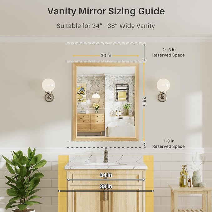 36x30 Inch Bathroom Mirror for Wall, Anti-Rust Oak Wood Grain Metal Framed