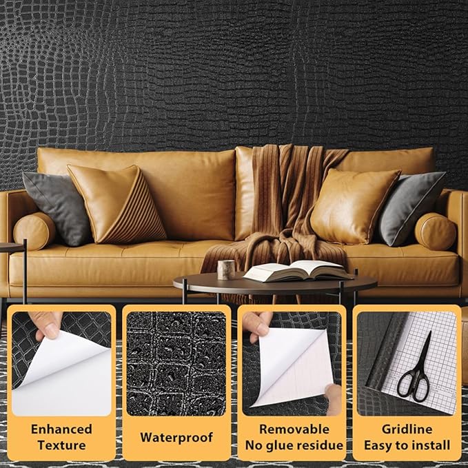 Arthome 17"×393" Black Crocodile Peel and Stick Wallpaper, Charcoal Black