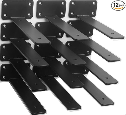 12 Pack - 8 inch Black Hidden L Shelf Bracket Iron Floating Shelf Brackets