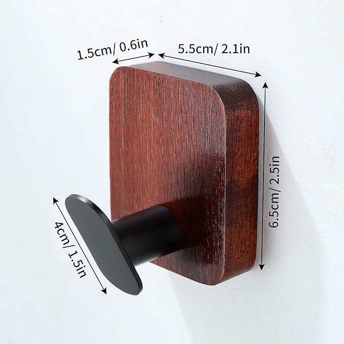 DELITON Acacia Wooden Towel Hooks Red Brown, 4 Pack Sticky Hooks