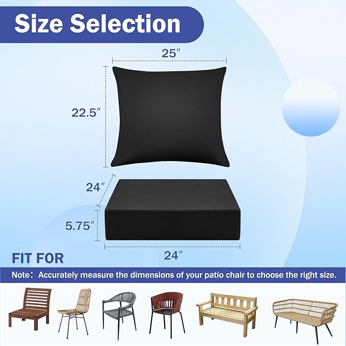 IASEAHK Outdoor Seat Cushion Set, Waterproof & Fade Resistant Patio Chair Cushions, Outdoors Cushion for Patio Furniture, 24 x 24 x 5.75 Inch, Outdoor Couch Cushions with Handle and Ties, Black