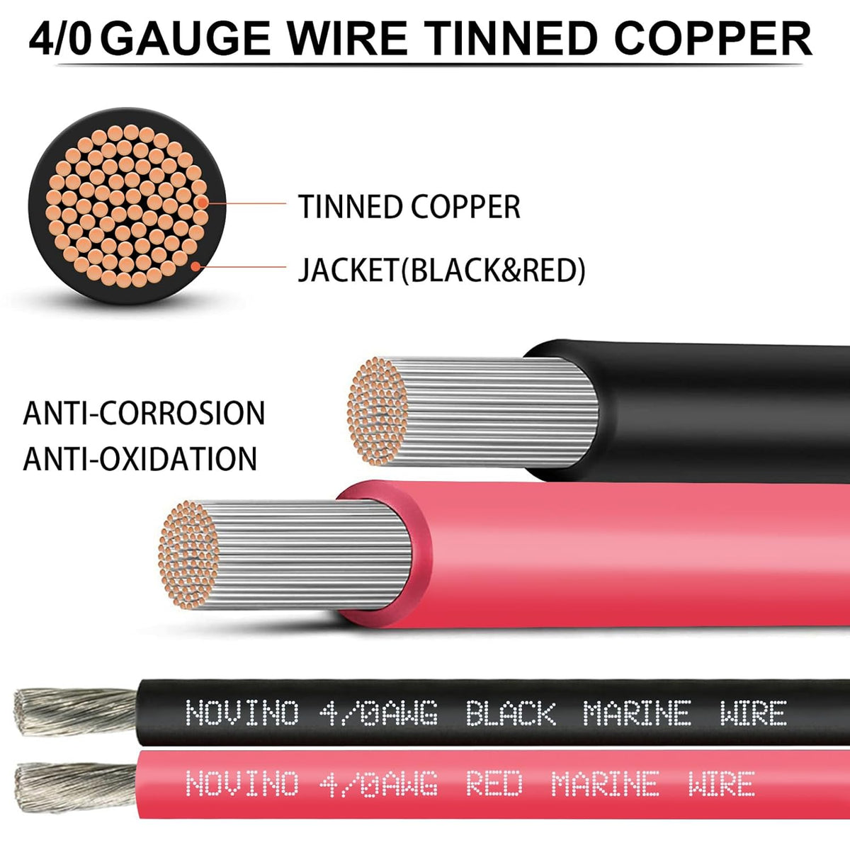 **4/0 Gauge Marine Wire - Tinned Copper Electrical Cable for Boats | 5FT Red & 5FT Black**