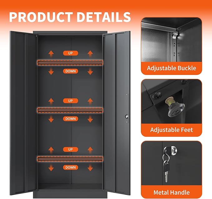 Metal Storage Cabinet with Adjustable Shelves, Garage Tool Cabinet with 2