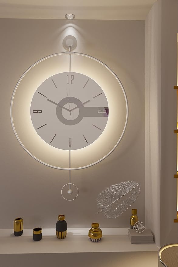 Large Luxury LED Backlit Wall Clock – Pendulum Roman Numeral Metal Ring