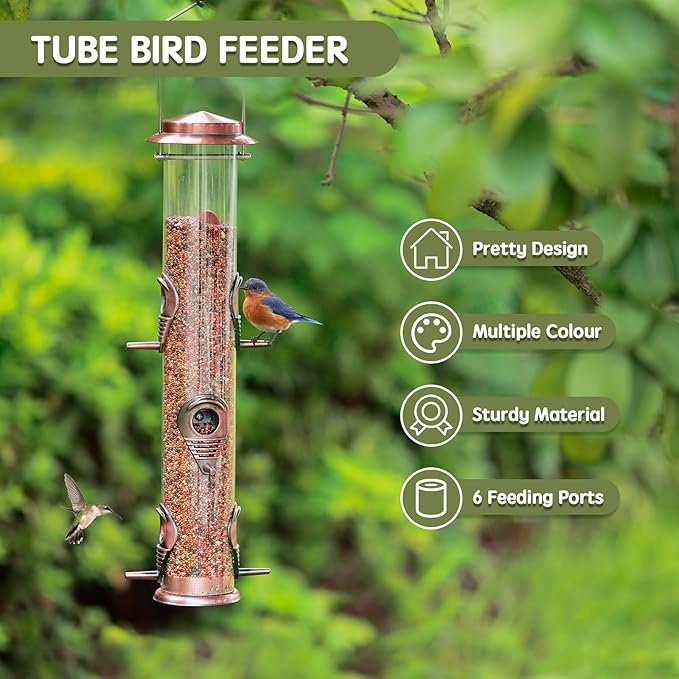 MIXXIDEA 1PK Metal Wild Bird Feeder,Squirrel Proof Bird Feeders for Outside,Hanging 6 Port Tube Bird Feeder,Finch Bird Feeder for Attracting Birds in Your Lawn, Garden, Balcony-Antique Copper