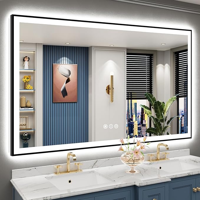 66x40 Black Framed LED Bathroom Mirror