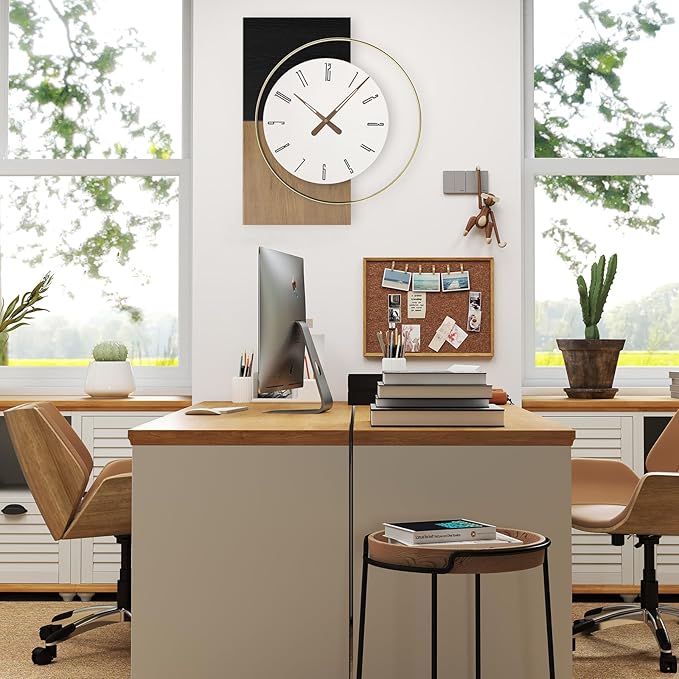 19x16 Inch Modern Silent Wall Clock Battery Operated, Wooden Farmhouse