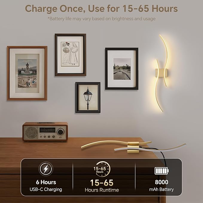 Battery Operated Wall Sconce Set of Two, Dimmable Modern LED Rechargeable Wall