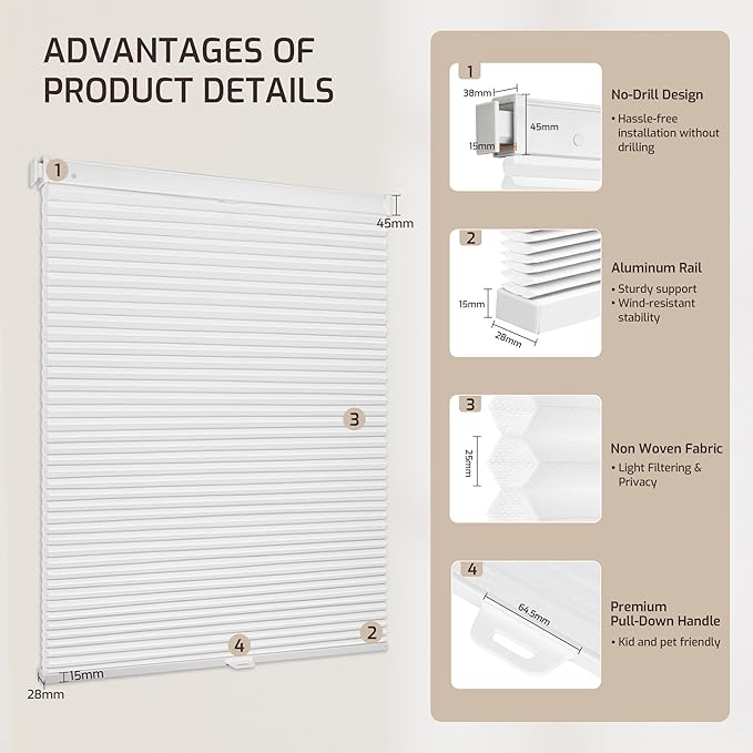 Grandekor No Drill No Tools Cordless Cellular Shades, 30.5" W x 64" H, Light