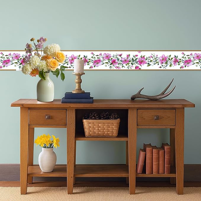 Pink Floral Wallpaper Border 196x4 Inch Peel and Stick Wall Border Self