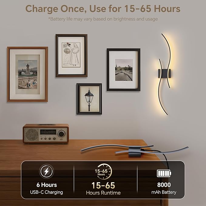 Battery Operated Wall Sconce Set of 2, Dimmable Modern LED Rechargeable Wall