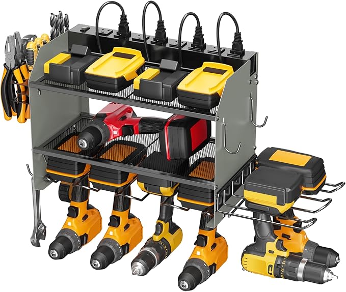 CCCEI Modular Power Tool Organizer Wall Mount Charging Station, Grey 6 Drills Holder with 8 Plug Power Strip 10FT, Garage Drill Battery Heavy Duty Metal Shelf, Utility Rack with Hooks, Side Storage.